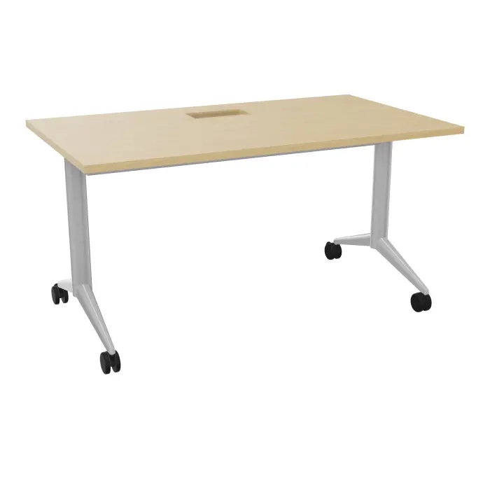 Table abattante Pure L. 140 cm x P. 80 cm découpe trappe mélamine Chêne naturel piètement métal lisse gris aluminium + goulotte