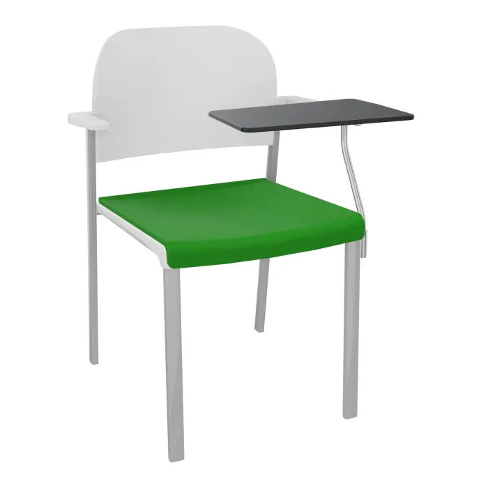 Chaise Romy assise tissu Step bambou  et dossier polypropylène blanc avec accoudoirs et tablette noire à gauche sur 4 pieds fixe métal gris aluminium