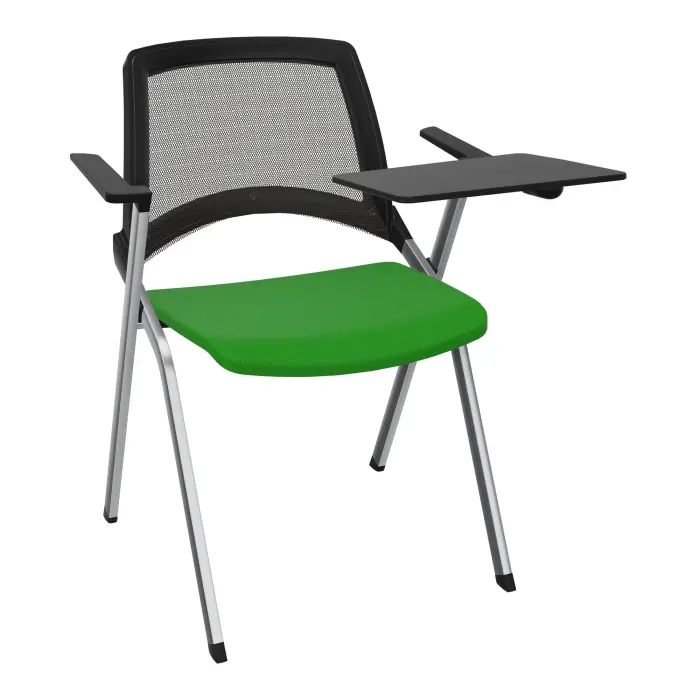 Chaise Emi dossier résille noire assise tissu Step bambou fixe avec accoudoirs tablette à gauche 4 pieds métal chromé