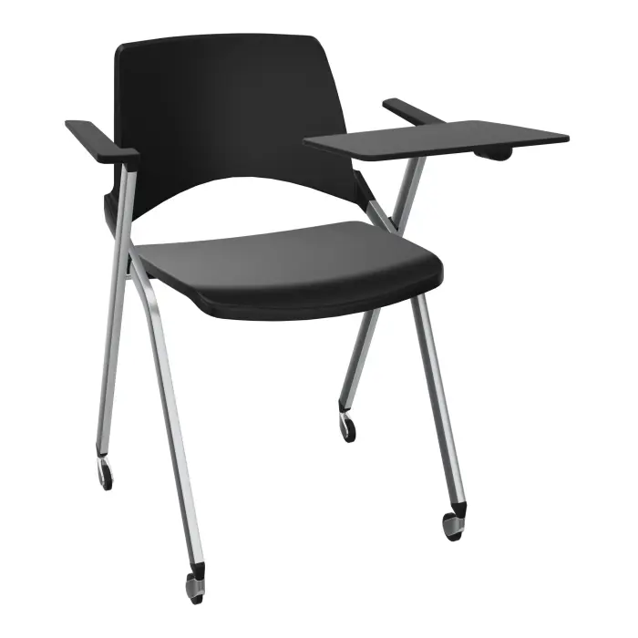 Chaise Emi dossier assise polypropylène noir fixe avec accoudoirs tablette à gauche 4 pieds sur roulettes métal chromé