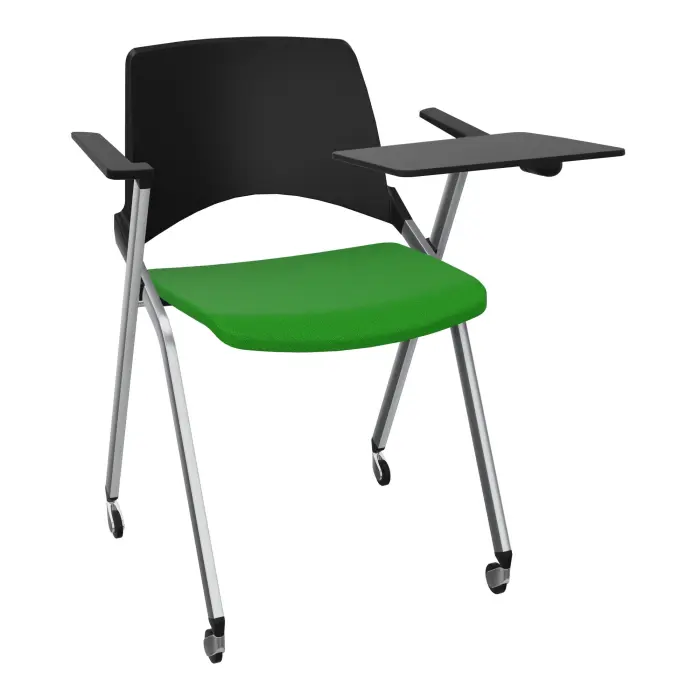 Chaise Emi dossier polypropylène noir assise tissu Step bambou fixe avec accoudoirs tablette à gauche 4 pieds sur roulettes métal chromé
