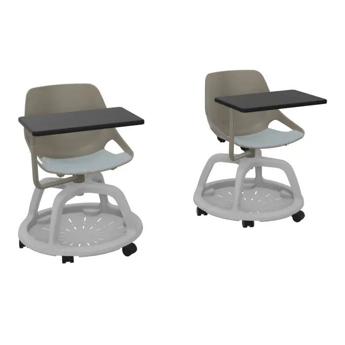 Lot de 2 chaises Campus avec placet tissu Bondaï gris nuage - Pied polypropylène gris très clair - Assise polypropylène gris - avec tablette ecritoire pivotante