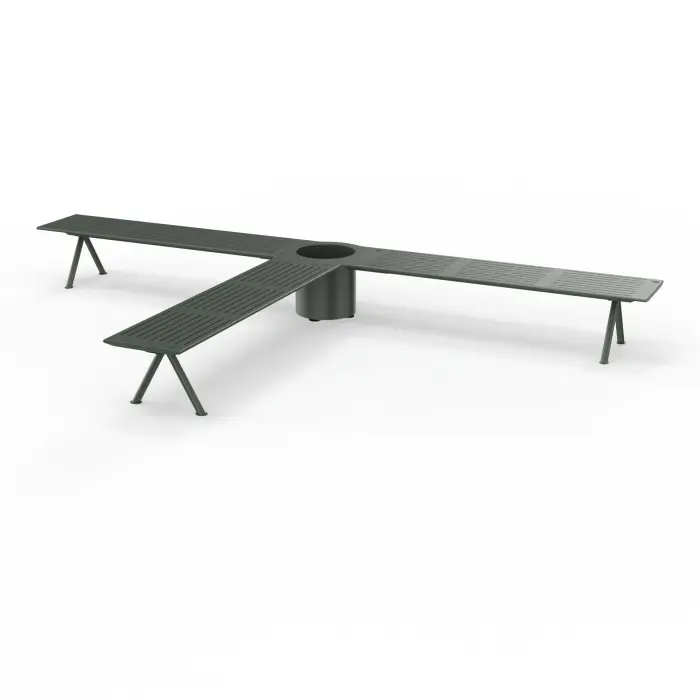 Banc avec jardinière jonction 3 bancs en T plastique vert sur structure métallique