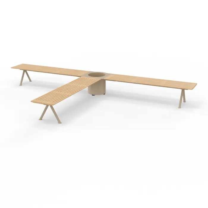 Banc avec jardinière jonction 3 bancs en T bouleau stratifié sur structure métallique