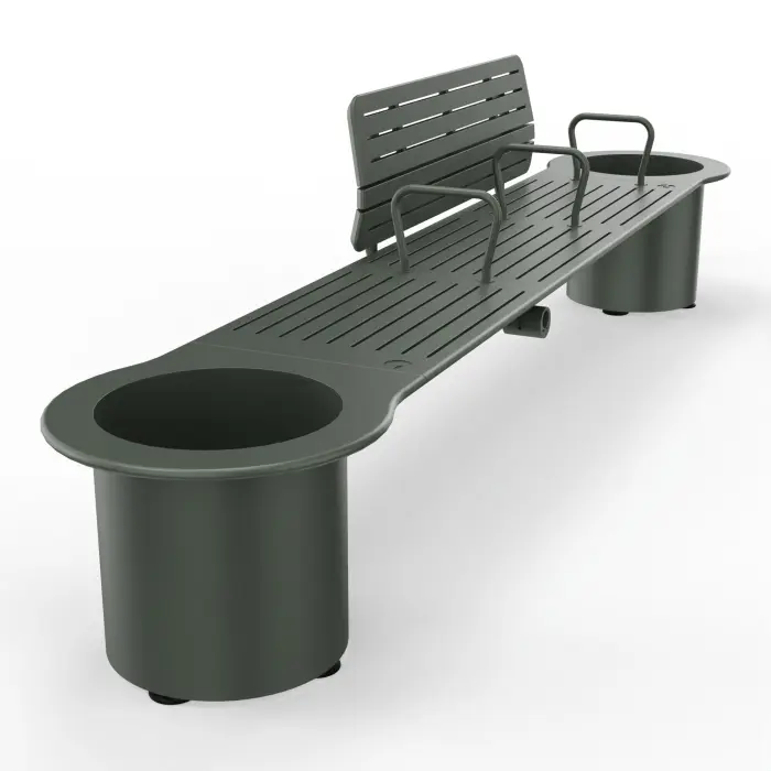Banc double dossier + 3 accoudoirs + jardinière en jonction et extrémité plastique vert + prise USB A et USB C sur structure métallique