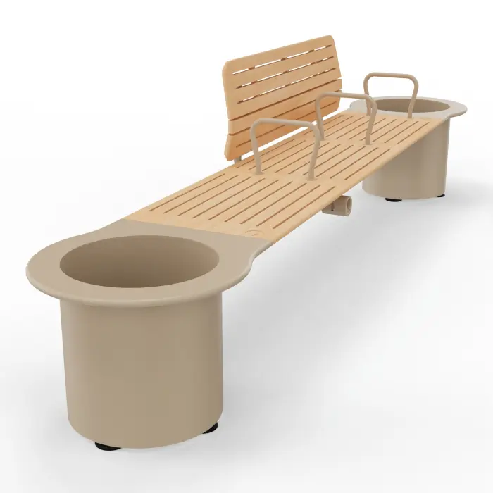 Banc double dossier + 3 accoudoirs + jardinière en jonction et extrémité bouleau stratifié + prise USB A et USB C sur structure métallique