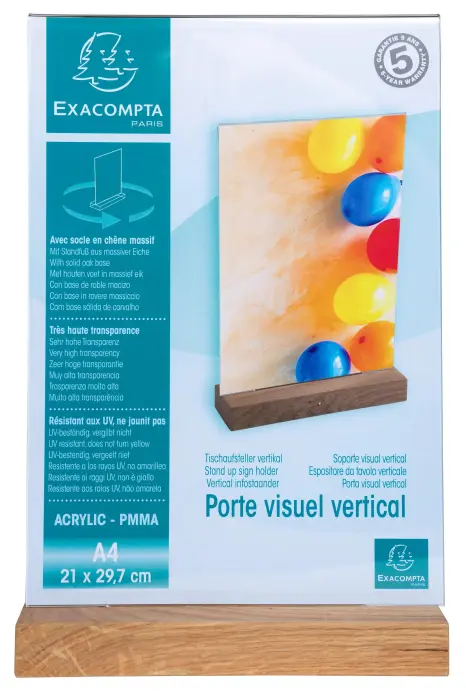 Porte-visuel avec socle en bois vertical A4 - Cristal