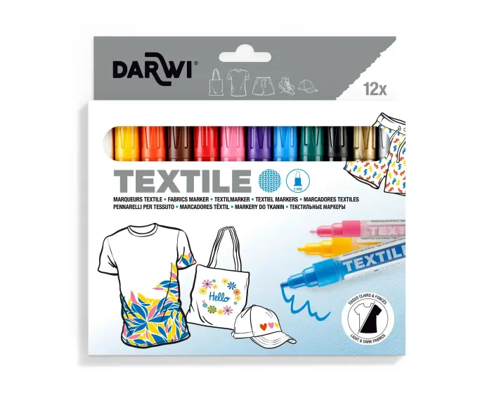DARWI 12 Marqueurs Peinture Textile Opaque Pointe Conique Fine 2mm - Assortis
