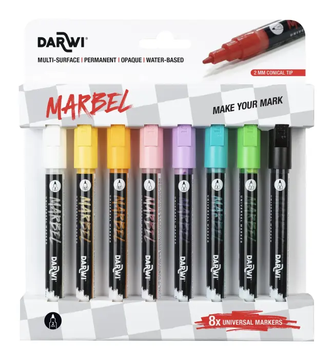 MARBEL Set de 8 Marqueurs Universel Pointe Conique Fine 2mm, Assortiment Clair - Assortiment teintes claires - New
