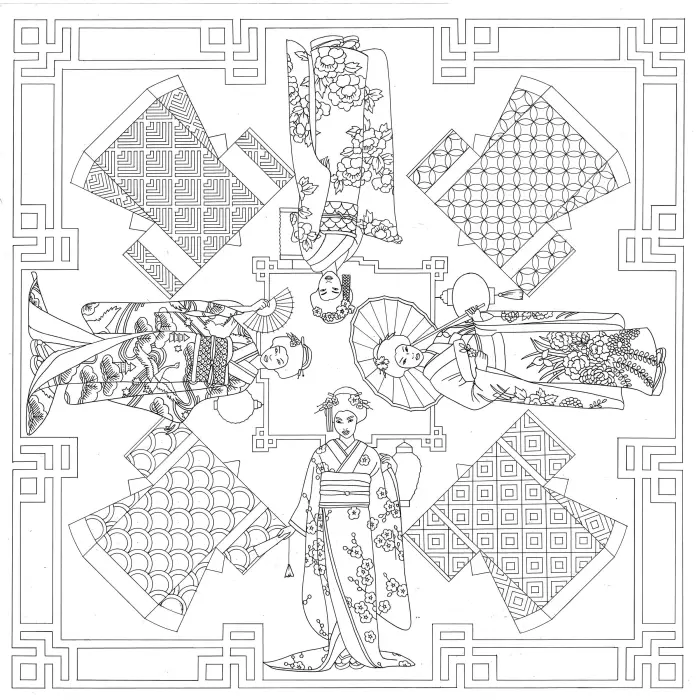 Carré 100% soie - 90x90cm Geishas - Blanc