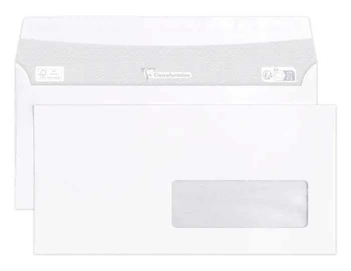 Boite de 250 Enveloppes CLAIRALFA Blanches DL-110x220mm - Auto-Adhésives - 90g/m2 - Fenêtre Papier Cristal 35x100 (position 20/20) - Blanc 40