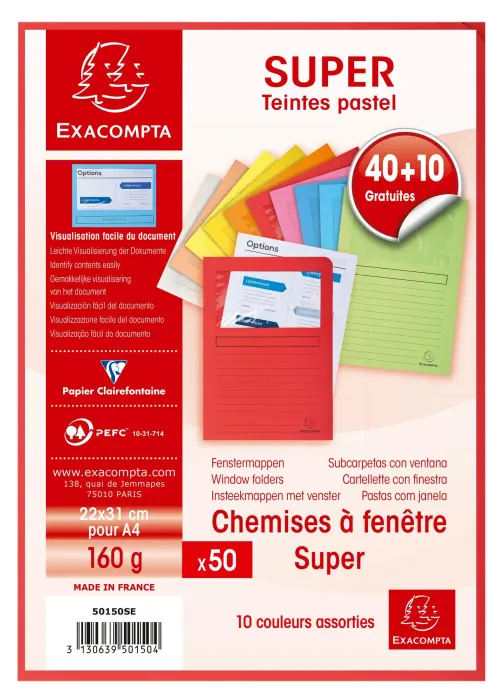 Paquet de 40 + 10 chemises à fenêtre SUPER 160g/m2 - 22x31cm - Couleurs assorties