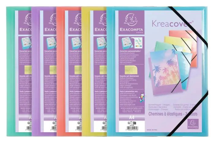Chemise à élastiques 3 rabats polypropylène Kreacover Pastel - A4 - Couleurs assorties