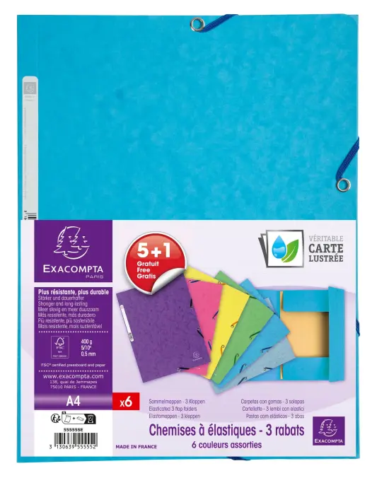 Lot de 5+1 chemises en carte lustrée 400g/m2 - A4 - Couleurs assorties