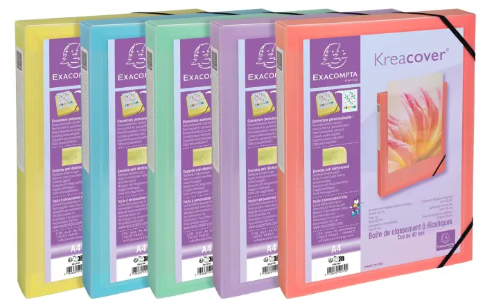 Boite de classement polypropylène Kreacover Pastel dos 40mm - A4 - Couleurs assorties
