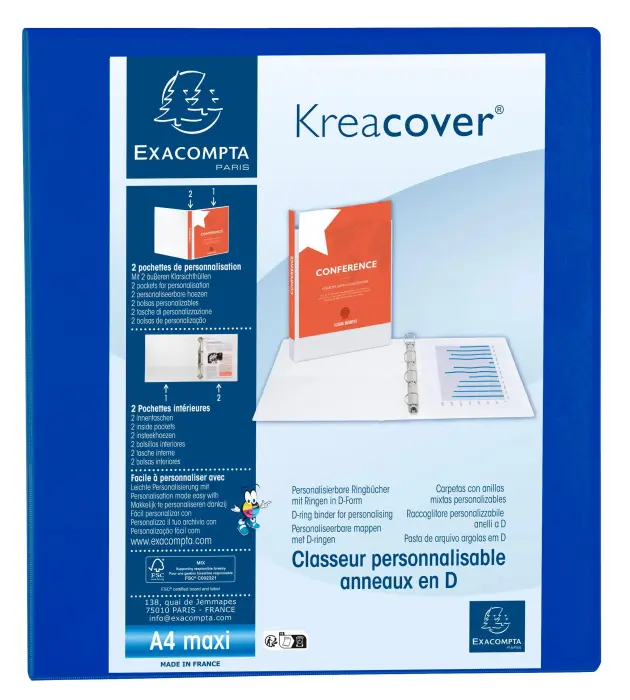 Classeur PP personnalisable Kreacover - 4 anneaux en D 50mm - A4 maxi - Bleu