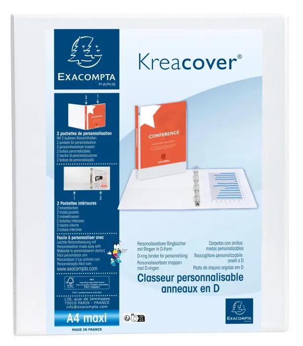 Classeur PP personnalisable Kreacover - 4 anneaux en D 25mm - A4 maxi - Blanc