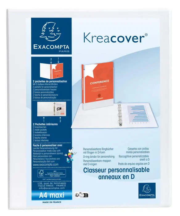 Classeur personnalisable rigide 2 poches KreaCover - 2 anneaux en D 20mm - A4 maxi - Blanc