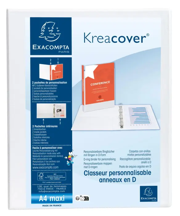 Classeur personnalisable rigide 2 poches KreaCover - 2 anneaux en D 30mm - A4 maxi - Blanc
