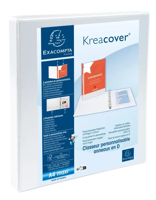 Classeur personnalisable rigide 2 poches KreaCover - 4 anneaux en D 16mm - A4 maxi - Blanc