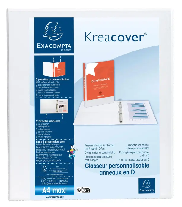 Classeur personnalisable rigide 2 poches KreaCover - 4 anneaux en D 40mm - A4 maxi - Blanc