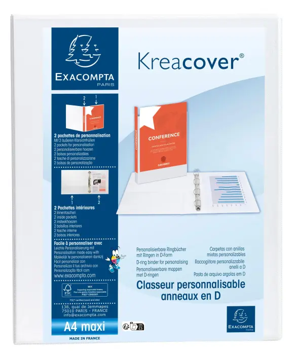Classeur PP personnalisable Kreacover - 4 anneaux en D 25mm - A4 maxi - Blanc