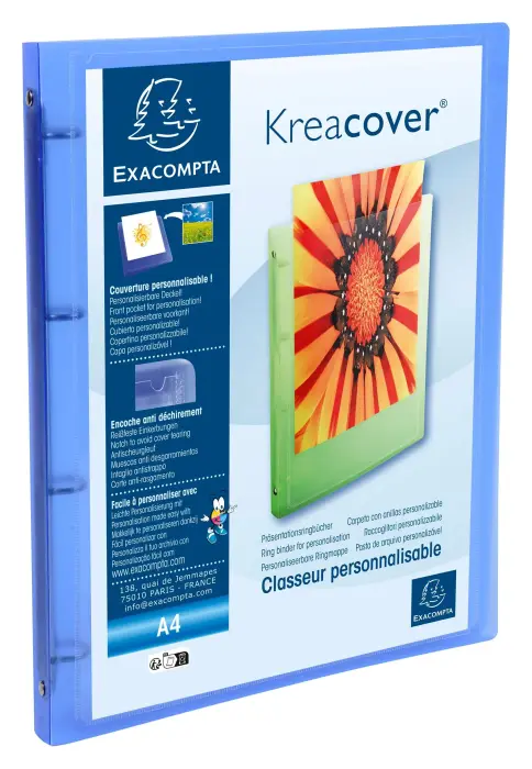 Classeur 4 anneaux 15mm polypropylène chromaline 5/10e Kreacover® - A4 - Bleu