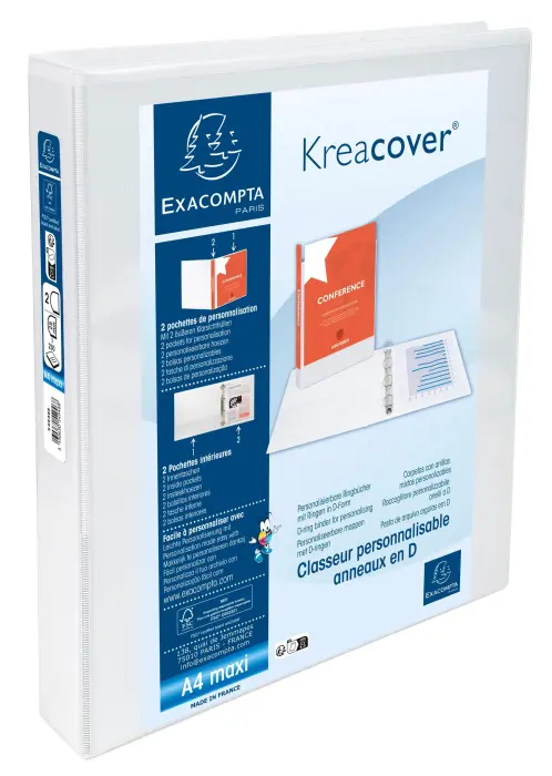 Classeur personnalisable rigide 2 poches KreaCover 2 anneaux en D 25mm - A4 maxi. - Blanc