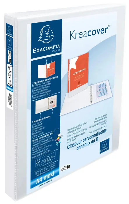 Classeur PP personnalisable Kreacover - 2 anneaux en D 30mm - A4 maxi - Blanc