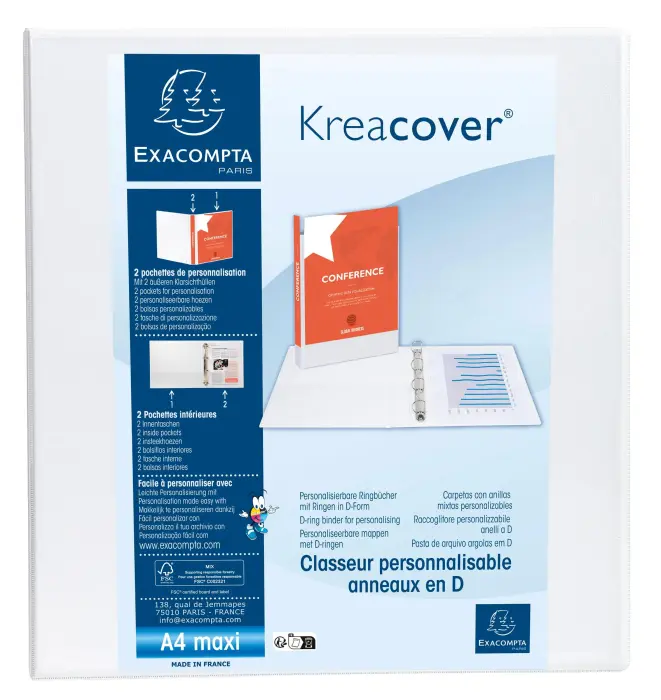 Classeur PP personnalisable Kreacover - 2 anneaux en D 60mm - A4 maxi - Blanc