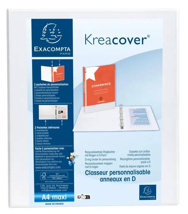 Classeur PP personnalisable Kreacover - 2 anneaux en D 25mm - A4 maxi - Blanc