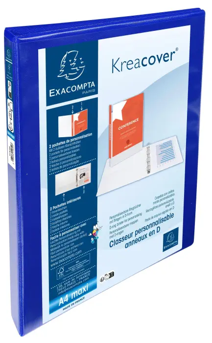 Classeur PP personnalisable Kreacover - 4 anneaux en D 15mm - A4 maxi - Bleu