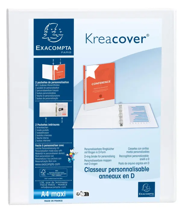 Classeur PP personnalisable Kreacover - 4 anneaux en D 20mm - A4 maxi - Blanc