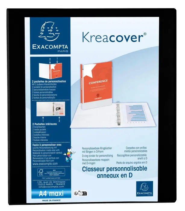 Classeur PP personnalisable Kreacover - 4 anneaux en D 30mm - A4 maxi - Noir