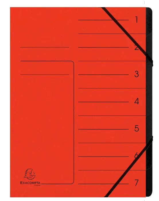Trieur agrafé avec élastiques intérieur noir 7 compartiments - A4 - Rouge