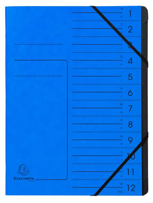 Trieur agrafé avec élastiques intérieur noir 12 compartiments - A4 - Bleu