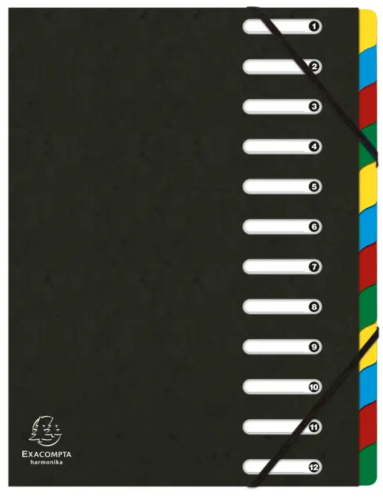 Trieur HARMONIKA® à fenêtres avec élastiques véritable carte lustrée 12 compartiments - Noir
