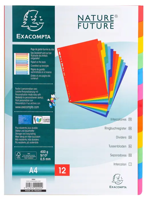 Intercalaires carte lustrée 400g 12 positions - A4 - Couleurs assorties