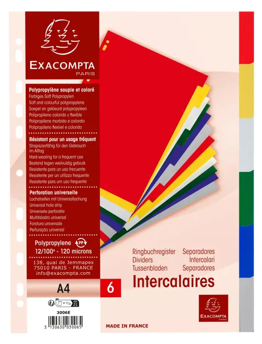 Intercalaires polypropylène souple 6 positions - A4 - Couleurs assorties