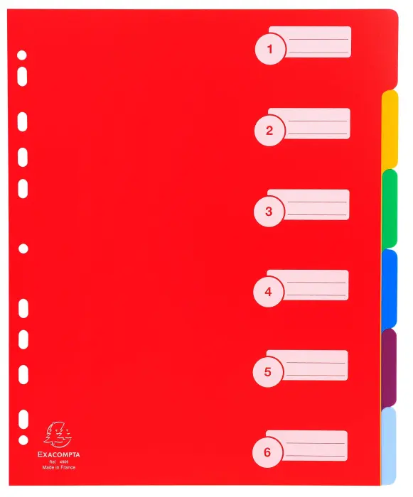 Intercalaires polypropylène opaque semi rigide 6 positions - A4 maxi - Couleurs assorties