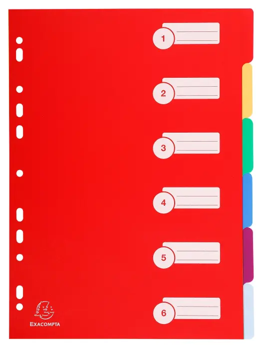 Intercalaires polypropylène opaque semi rigide 6 positions - A4 - Couleurs assorties
