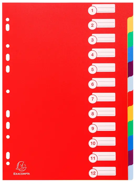 Intercalaires polypropylène opaque semi rigide 12 positions - A4 - Couleurs assorties