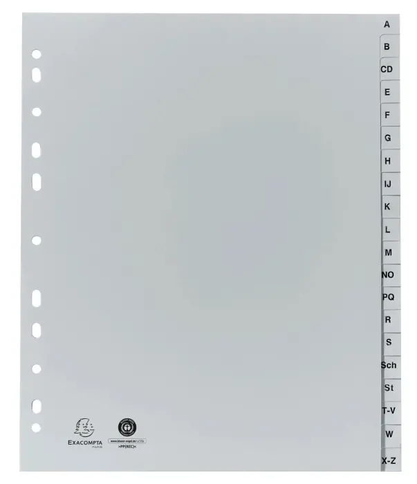 Intercalaires imprimés alphabétiques PP recyclé gris - AZ (alphabet allemand) 20 positions - A4 Maxi - Gris