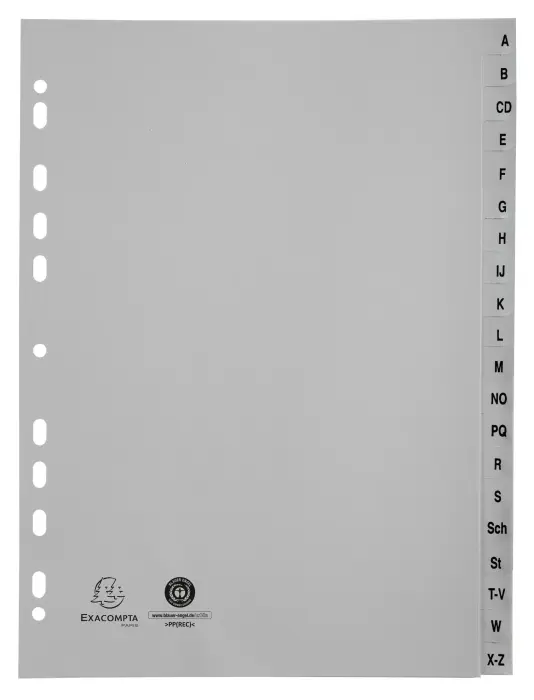 Intercalaires imprimés alphabétiques PP recyclé gris A-Z (alphabet allemand) - 20 positions - A4 - Gris