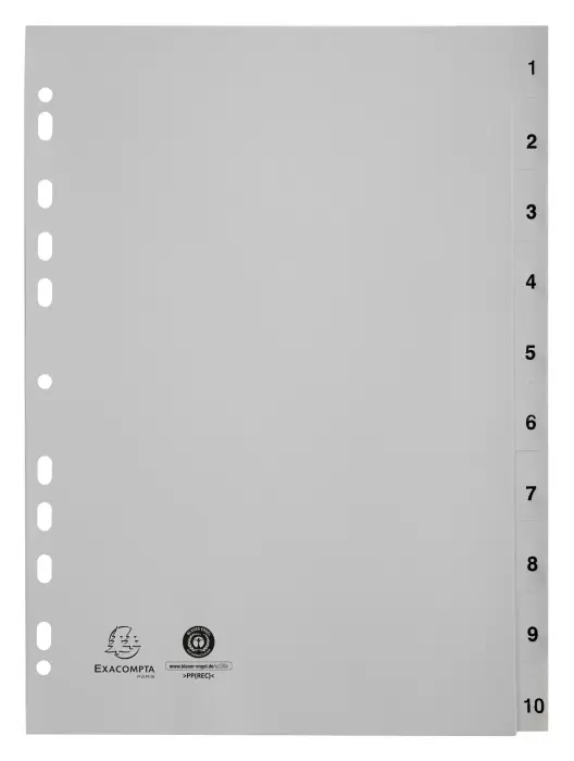 Intercalaires imprimés numériques PP gris recyclé - 10 positions - A4 - Gris