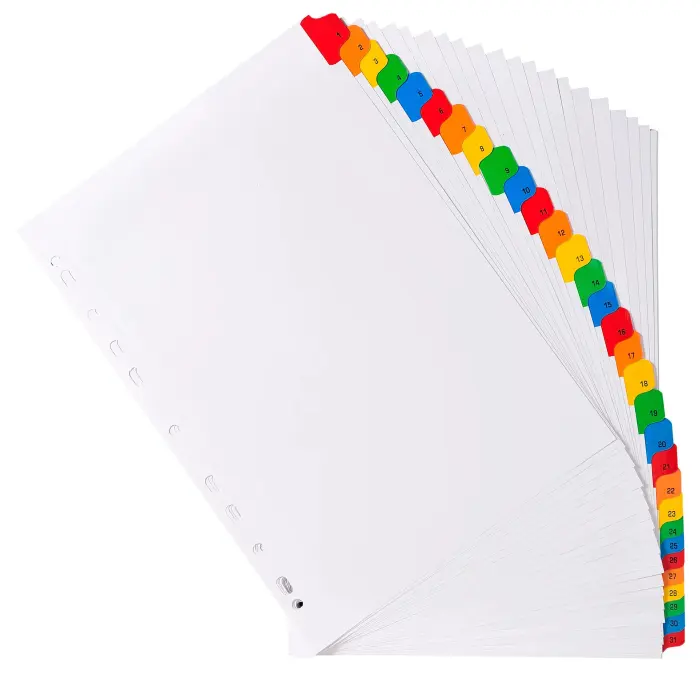 Intercalaires Imprimés numériques carte blanche 160g/renforts couleurs + page de garde - 31 positions - A4 - Blanc