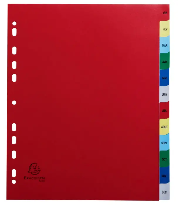 Intercalaires imprimés mensuel PP couleurs 12/100e - 12 positions - A4+ - Assorties vives