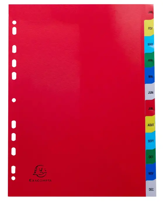 Intercalaires imprimés mensuels PP couleurs Janv-Décembre - A4 - Couleurs assorties