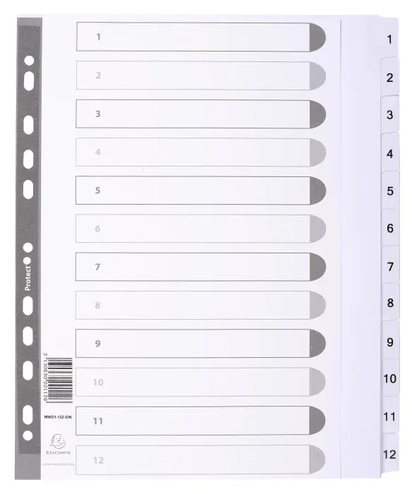 Intercalaires imprimés à touches plastifiées - 12 touches 1 à 12 - A4 maxi - Blanc