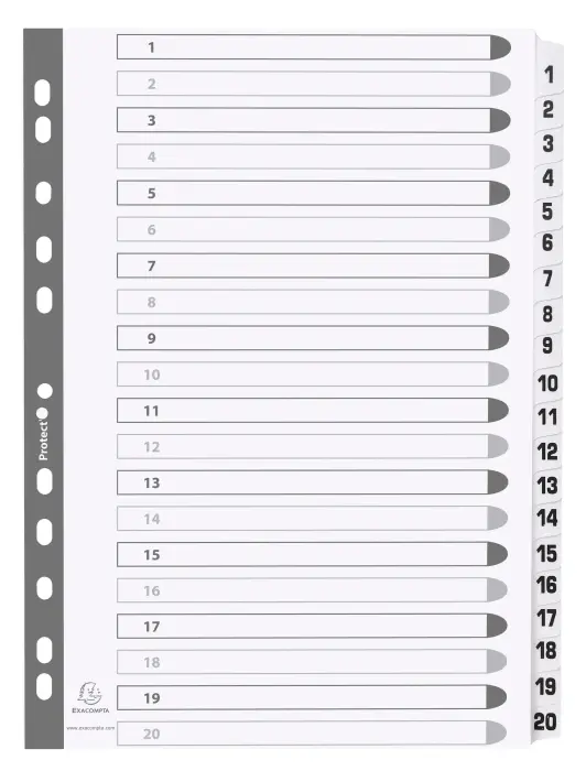 Intercalaires imprimés à touches plastifiées - 20 touches 1 à 20 - A4 - Blanc